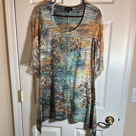Women's Multicolor Peacock Midi Dress with bell lace sleeves‎ - Picture 1 of 5